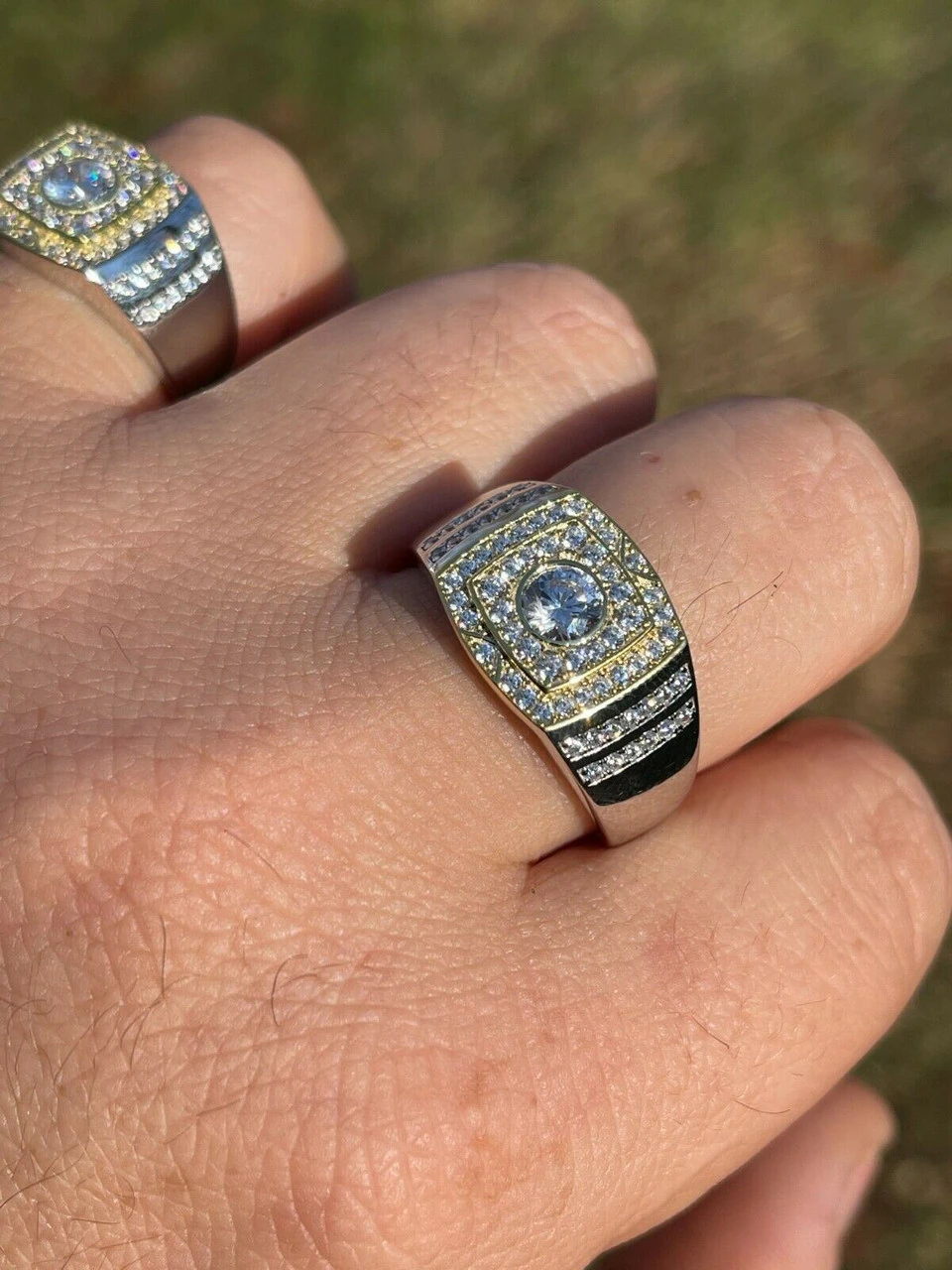 Mens REAL Solid 925 Sterling Silver W 10k Gold Bezel Iced Diamond Solitaire Ring 4 Mens REAL Solid 925 Sterling Silver W 10k Gold Bezel Iced Diamond Solitaire Ring - Image 2