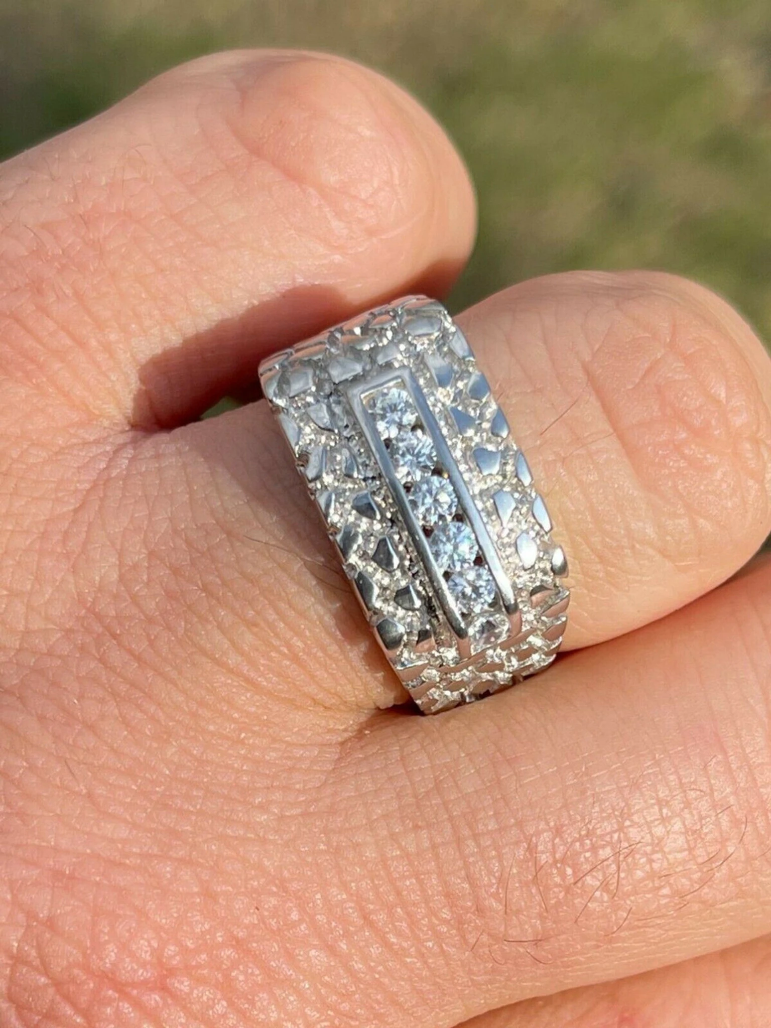 Men's Real Solid Sterling Silver Iced Diamond Nugget Ring Hip Hop Pinky Anillo 3 Men's Real Solid Sterling Silver Iced Diamond Nugget Ring Hip Hop Pinky Anillo