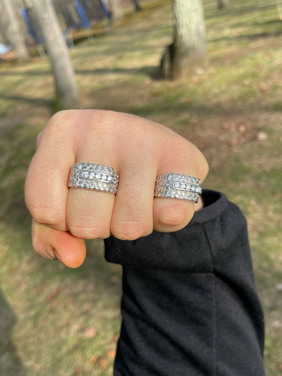 Men's Real Solid Sterling Silver Iced Diamond Nugget Ring Hip Hop Pinky Anillo 4 Men's Real Solid Sterling Silver Iced Diamond Nugget Ring Hip Hop Pinky Anillo - Image 2