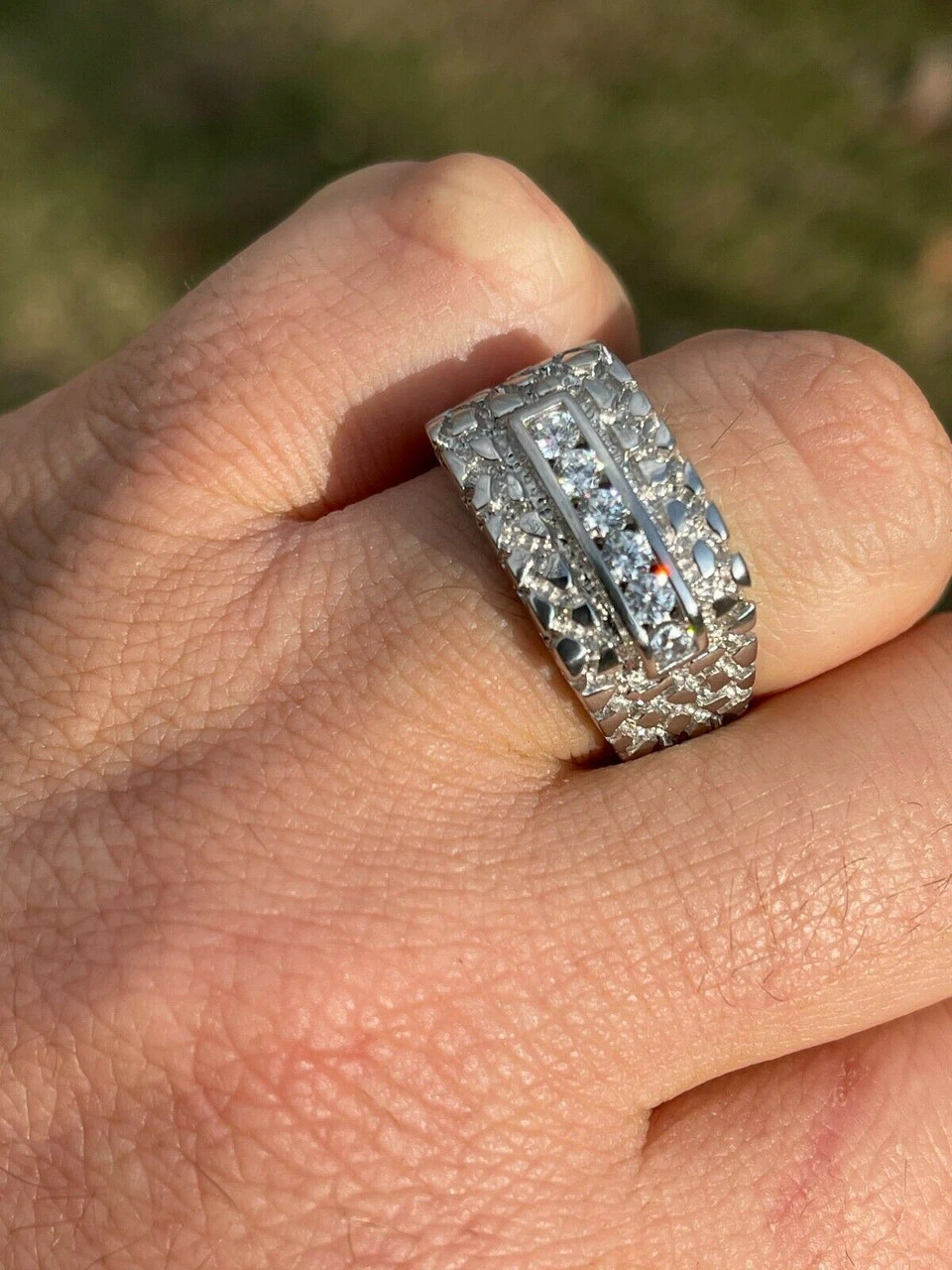 Men's Real Solid Sterling Silver Iced Diamond Nugget Ring Hip Hop Pinky Anillo 10 Men's Real Solid Sterling Silver Iced Diamond Nugget Ring Hip Hop Pinky Anillo - Image 8