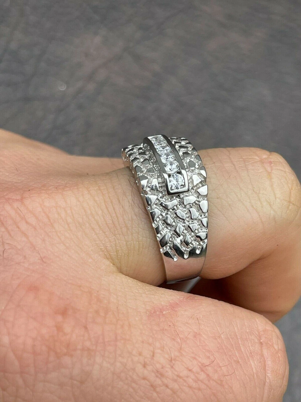 Men's Real Solid Sterling Silver Iced Diamond Nugget Ring Hip Hop Pinky Anillo 5 Men's Real Solid Sterling Silver Iced Diamond Nugget Ring Hip Hop Pinky Anillo - Image 3