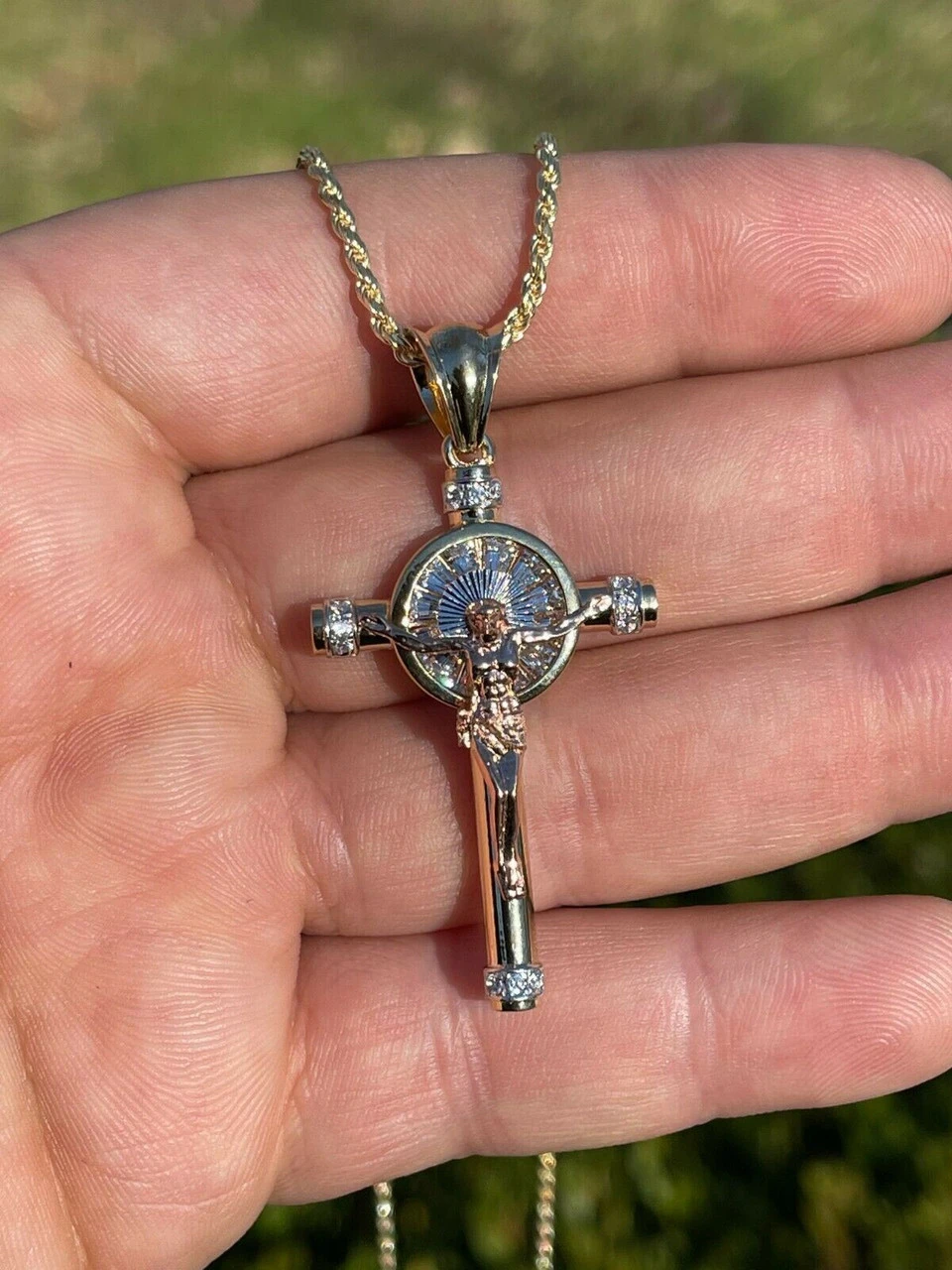 Mens Solid 925 Silver Cross W. Jesus Pendant Yellow & Rose Gold Finish Necklace 9 Mens Solid 925 Silver Cross W. Jesus Pendant Yellow & Rose Gold Finish Necklace - Image 7