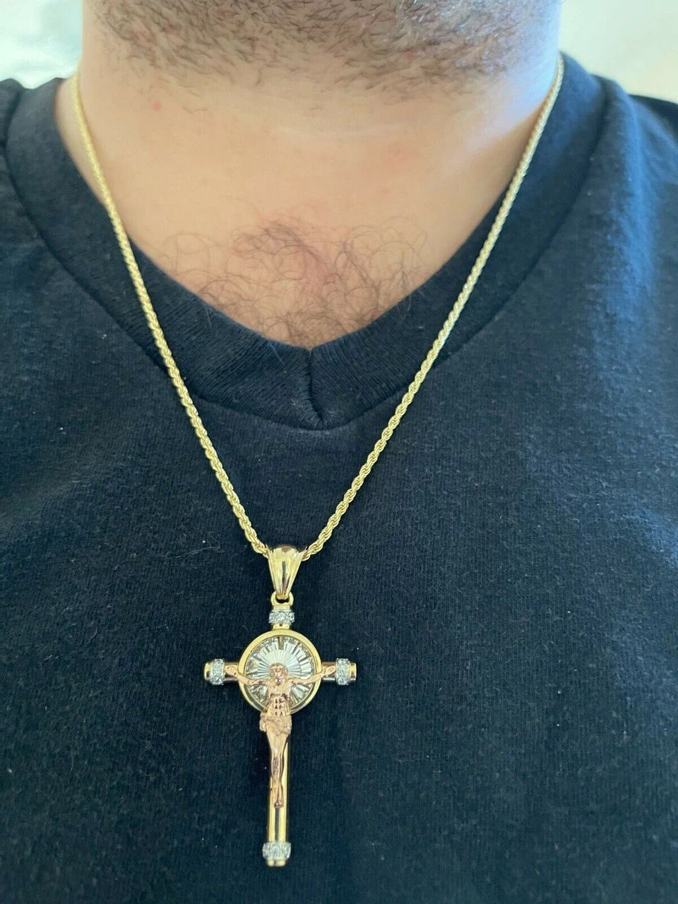 Mens Solid 925 Silver Cross W. Jesus Pendant Yellow & Rose Gold Finish Necklace 13 Mens Solid 925 Silver Cross W. Jesus Pendant Yellow & Rose Gold Finish Necklace - Image 11