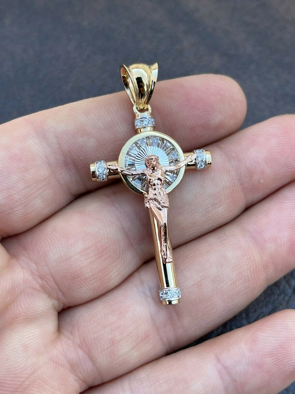 Mens Solid 925 Silver Cross W. Jesus Pendant Yellow & Rose Gold Finish Necklace 5 Mens Solid 925 Silver Cross W. Jesus Pendant Yellow & Rose Gold Finish Necklace - Image 3