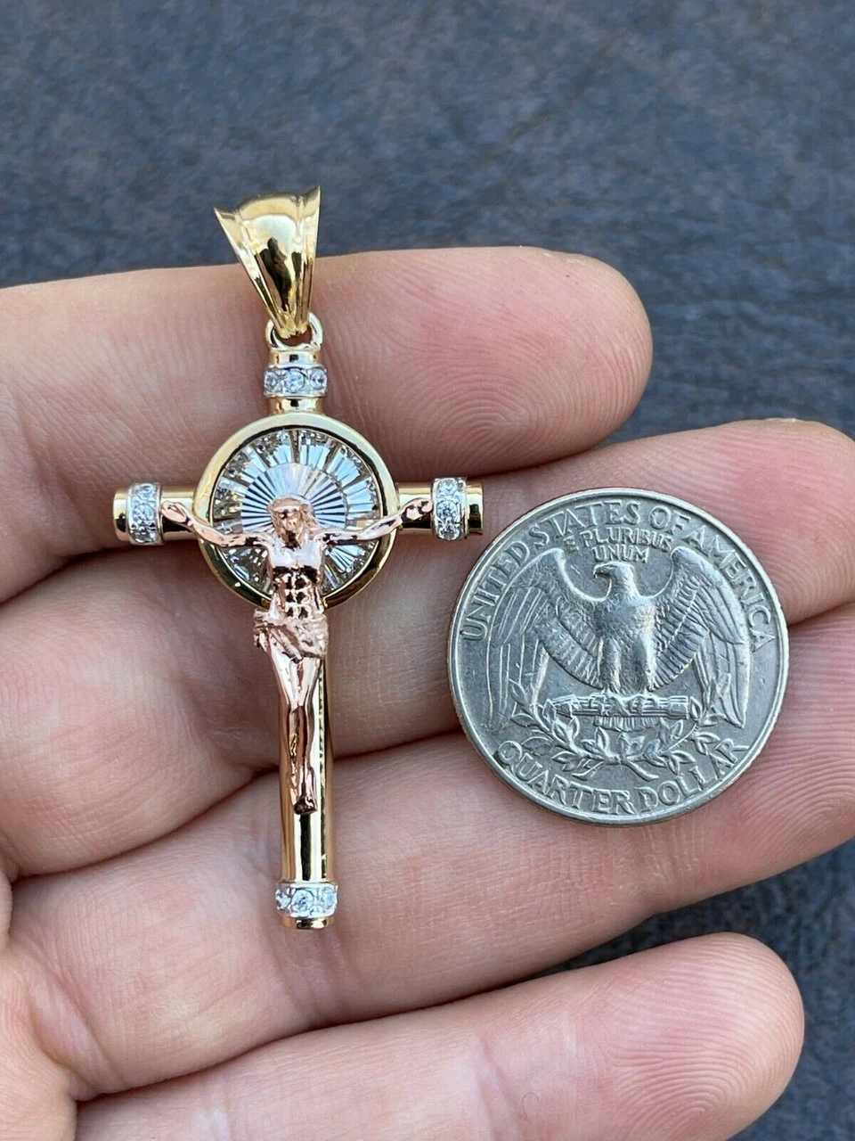 Mens Solid 925 Silver Cross W. Jesus Pendant Yellow & Rose Gold Finish Necklace 7 Mens Solid 925 Silver Cross W. Jesus Pendant Yellow & Rose Gold Finish Necklace - Image 5