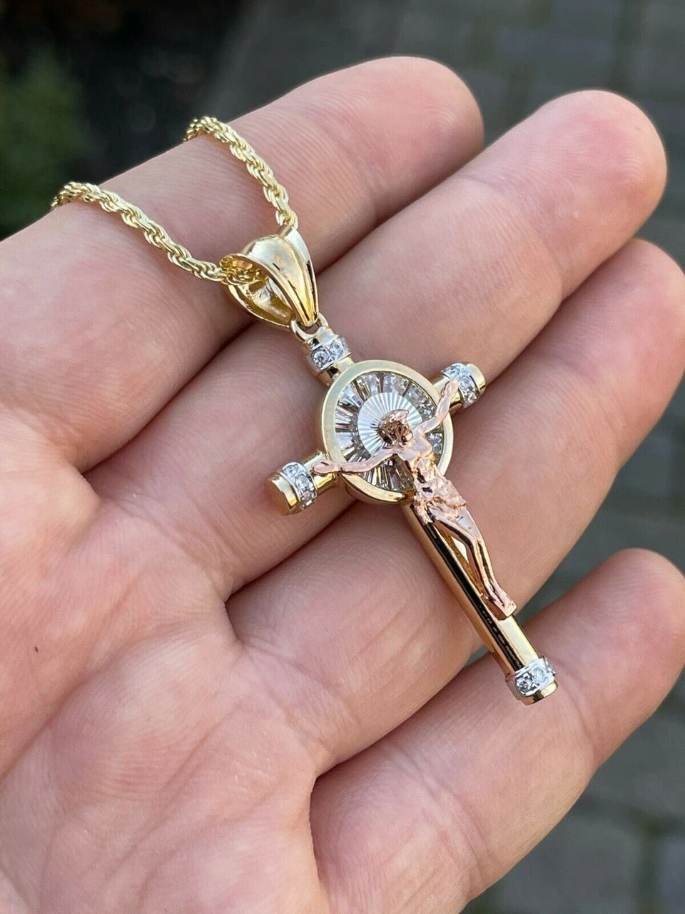 Mens Solid 925 Silver Cross W. Jesus Pendant Yellow & Rose Gold Finish Necklace 11 Mens Solid 925 Silver Cross W. Jesus Pendant Yellow & Rose Gold Finish Necklace - Image 9