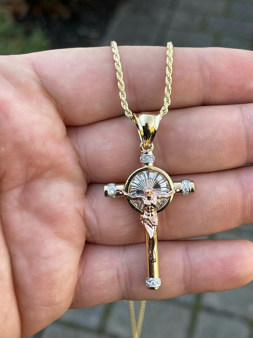 Mens Solid 925 Silver Cross W. Jesus Pendant Yellow & Rose Gold Finish Necklace 12 Mens Solid 925 Silver Cross W. Jesus Pendant Yellow & Rose Gold Finish Necklace - Image 10