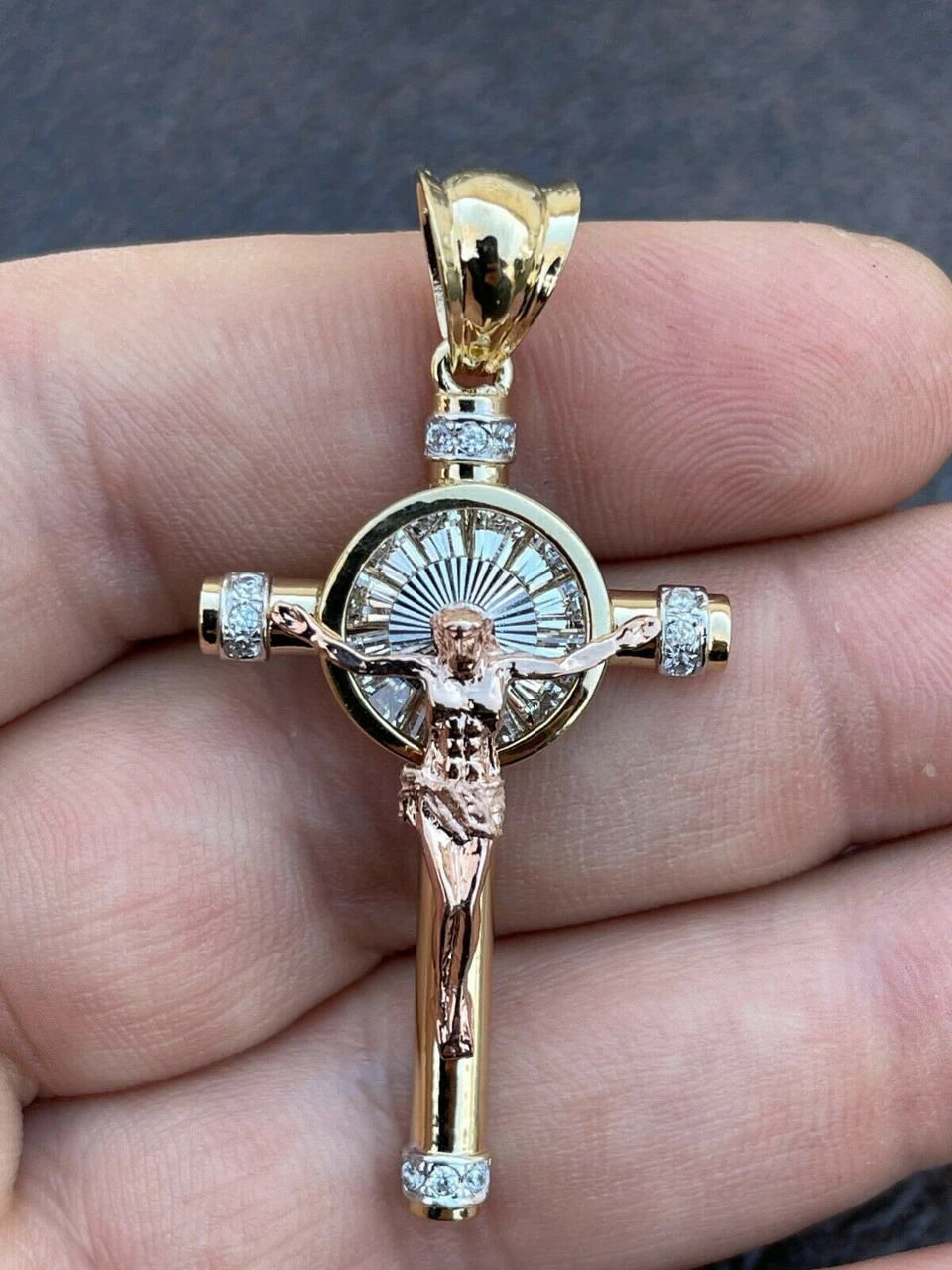 Mens Solid 925 Silver Cross W. Jesus Pendant Yellow & Rose Gold Finish Necklace 6 Mens Solid 925 Silver Cross W. Jesus Pendant Yellow & Rose Gold Finish Necklace - Image 4