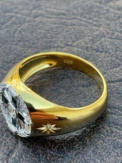 Men's Solid 925 Sterling Silver & 14k Gold Solitaire Diamond Cut Star Pinky Ring -Harlem Bling Shop italiano silver inc mens solid 925 sterling silver and 14k gold solitaire diamond cut star pinky ring 18812.1664397059