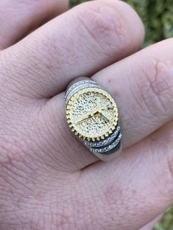 Mens Solid 925 Sterling Silver & 14k Yellow Gold Coin Ring Jesus On Cross Nugget -Harlem Bling Shop italiano silver inc mens solid 925 sterling silver and 14k yellow gold coin ring jesus on cross nugget 31849.1664390259