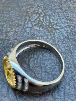 Mens Solid 925 Sterling Silver & 14k Yellow Gold Coin Ring Jesus On Cross Nugget -Harlem Bling Shop italiano silver inc mens solid 925 sterling silver and 14k yellow gold coin ring jesus on cross nugget 32440.1664383941