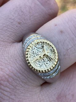Mens Solid 925 Sterling Silver & 14k Yellow Gold Coin Ring Jesus On Cross Nugget -Harlem Bling Shop italiano silver inc mens solid 925 sterling silver and 14k yellow gold coin ring jesus on cross nugget 46576.1664398006