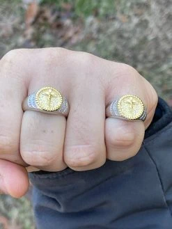 Mens Solid 925 Sterling Silver & 14k Yellow Gold Coin Ring Jesus On Cross Nugget -Harlem Bling Shop italiano silver inc mens solid 925 sterling silver and 14k yellow gold coin ring jesus on cross nugget 51363.1664398185