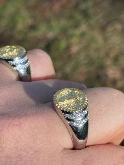 Mens Solid 925 Sterling Silver & 14k Yellow Gold Coin Ring Jesus On Cross Nugget -Harlem Bling Shop italiano silver inc mens solid 925 sterling silver and 14k yellow gold coin ring jesus on cross nugget 59282.1664388422