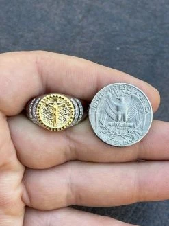 Mens Solid 925 Sterling Silver & 14k Yellow Gold Coin Ring Jesus On Cross Nugget -Harlem Bling Shop italiano silver inc mens solid 925 sterling silver and 14k yellow gold coin ring jesus on cross nugget 76587.1664397826