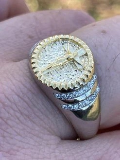 Mens Solid 925 Sterling Silver & 14k Yellow Gold Coin Ring Jesus On Cross Nugget