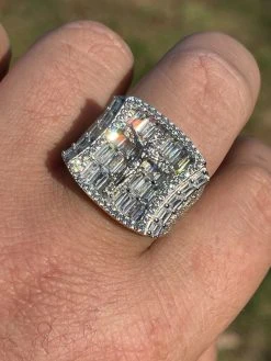 Men's Solid 925 Sterling Silver Iced Hip Hop Baguette Diamond Pinky Cross Ring