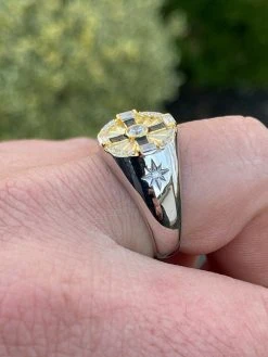 Men's Solid 925 Sterling Silver W. 14k Gold Solitaire Diamond Cut Iced Star Ring -Harlem Bling Shop italiano silver inc mens solid 925 sterling silver w 14k gold solitaire diamond cut iced star ring 94443.1664389588
