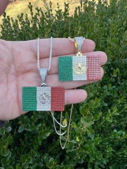Mexico Necklace 925 Silver Gold Plated Mexican Flag Pendant Chain CZ Necklace -Harlem Bling Shop italiano silver inc mexico necklace 925 silver gold plated mexican flag pendant chain cz necklace 05231.1674841768