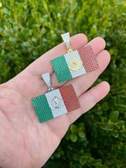 Mexico Necklace 925 Silver Gold Plated Mexican Flag Pendant Chain CZ Necklace -Harlem Bling Shop italiano silver inc mexico necklace 925 silver gold plated mexican flag pendant chain cz necklace 09009.1674841857