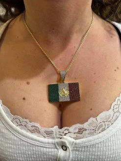 Mexico Necklace 925 Silver Gold Plated Mexican Flag Pendant Chain CZ Necklace -Harlem Bling Shop italiano silver inc mexico necklace 925 silver gold plated mexican flag pendant chain cz necklace 15551.1674841649
