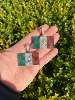 Mexico Necklace 925 Silver Gold Plated Mexican Flag Pendant Chain CZ Necklace -Harlem Bling Shop italiano silver inc mexico necklace 925 silver gold plated mexican flag pendant chain cz necklace 42544.1674841885
