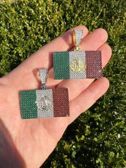 Mexico Necklace 925 Silver Gold Plated Mexican Flag Pendant Chain CZ Necklace -Harlem Bling Shop italiano silver inc mexico necklace 925 silver gold plated mexican flag pendant chain cz necklace 62492.1674841982