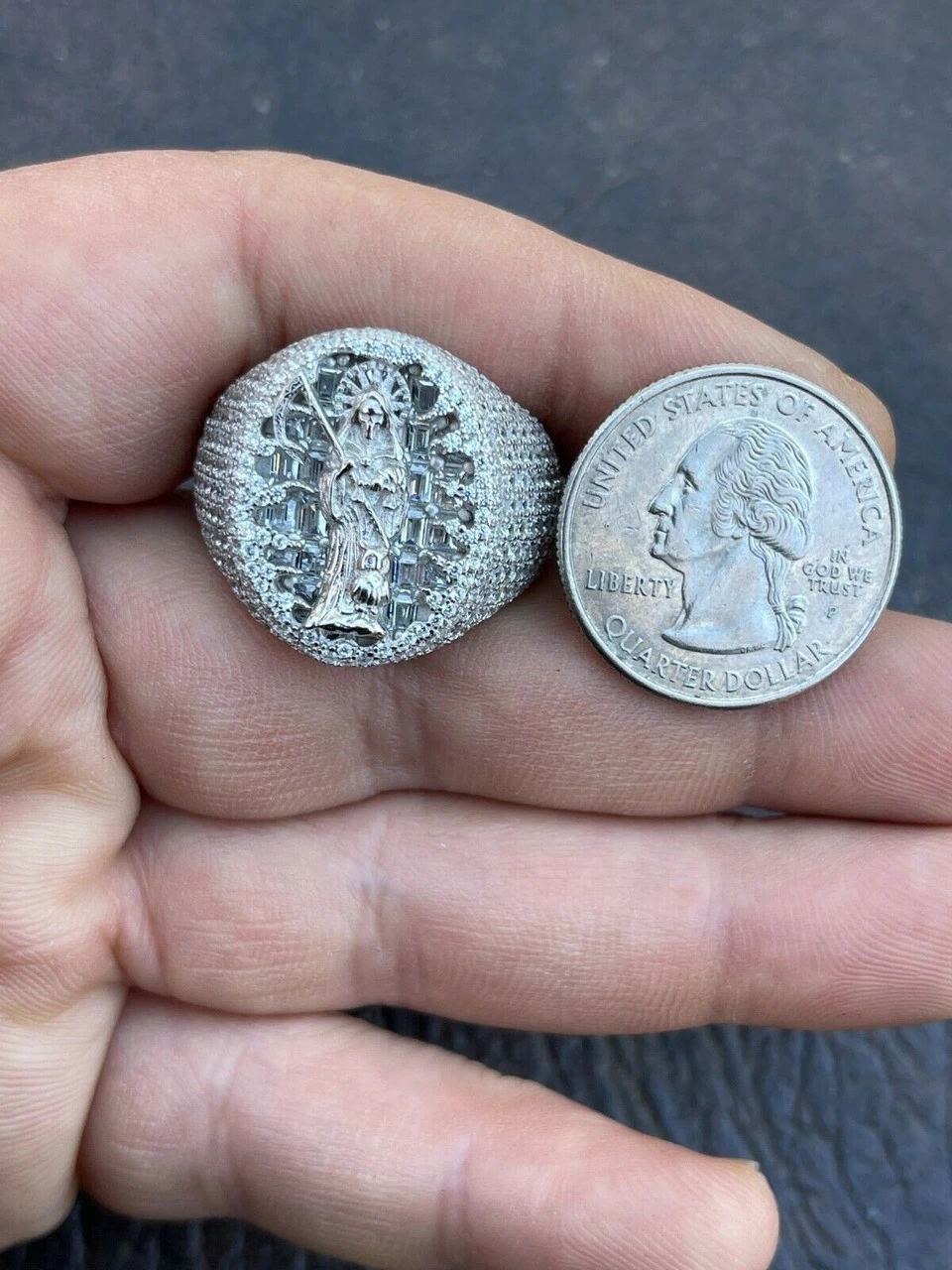 Real 925 Silver Baguette Diamond Grim Reaper Santa Muerte Iced Mens Hip Hop Ring 6 Real 925 Silver Baguette Diamond Grim Reaper Santa Muerte Iced Mens Hip Hop Ring - Image 4