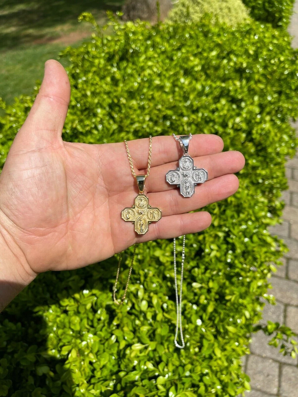 Real 925 Silver Gold Four 4 Way Catholic Cross Pendant Men's Miraculous Necklace 11 Real 925 Silver Gold Four 4 Way Catholic Cross Pendant Men's Miraculous Necklace - Image 9