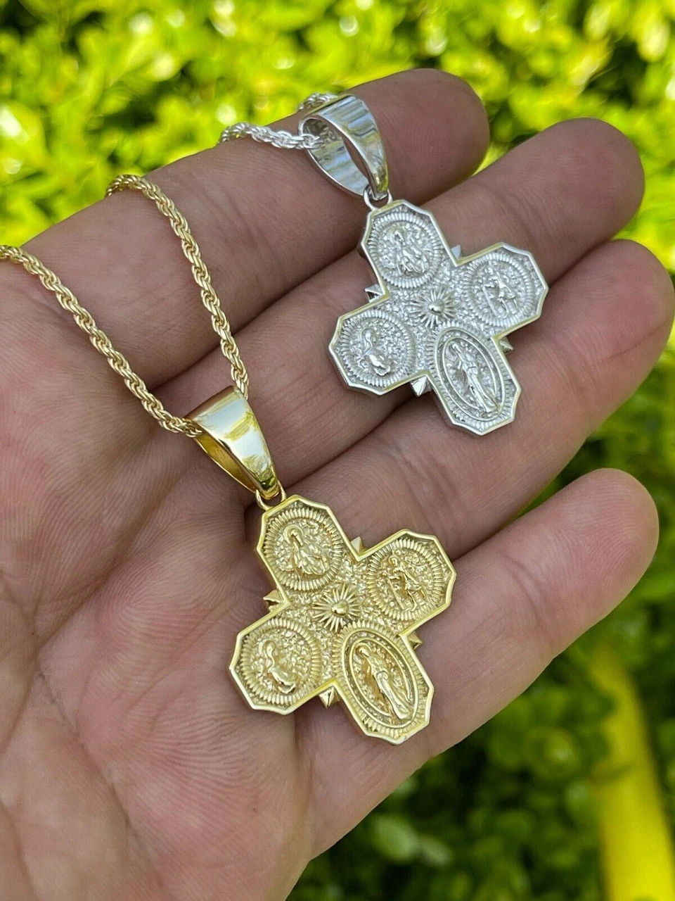 Real 925 Silver Gold Four 4 Way Catholic Cross Pendant Men's Miraculous Necklace 9 Real 925 Silver Gold Four 4 Way Catholic Cross Pendant Men's Miraculous Necklace - Image 7