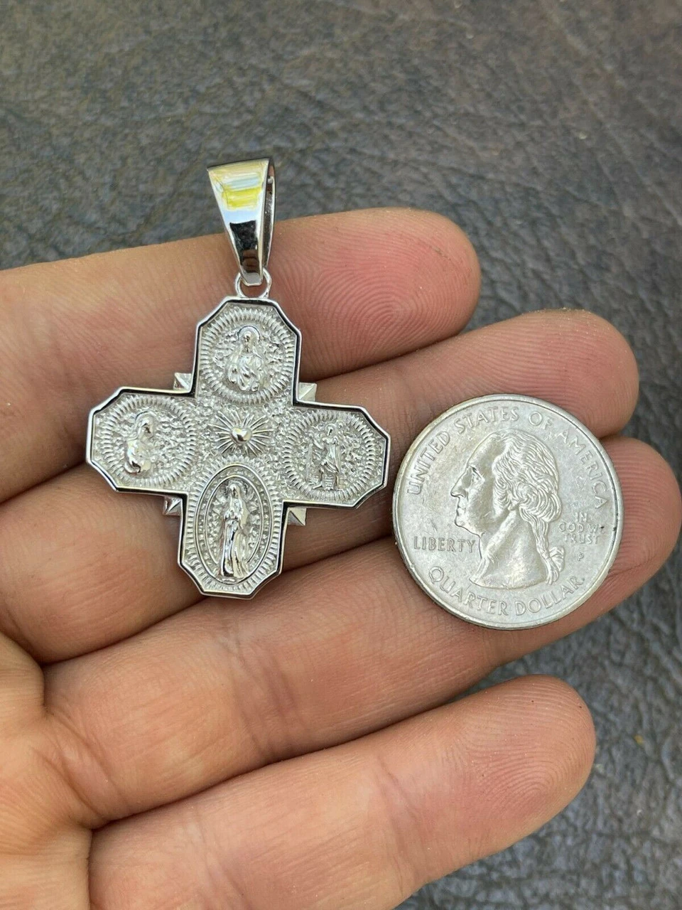 Real 925 Silver Gold Four 4 Way Catholic Cross Pendant Men's Miraculous Necklace 7 Real 925 Silver Gold Four 4 Way Catholic Cross Pendant Men's Miraculous Necklace - Image 5