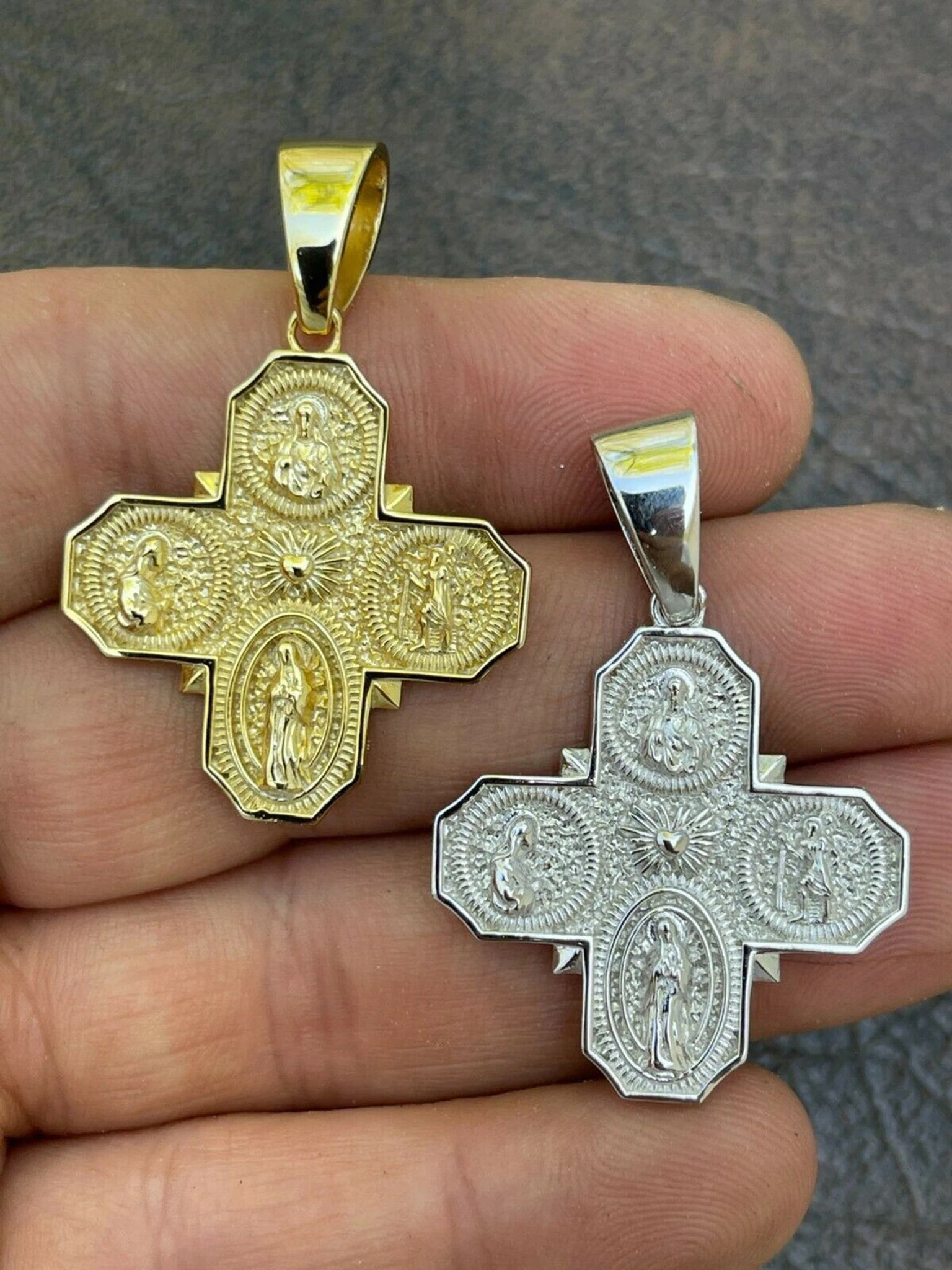 Real 925 Silver Gold Four 4 Way Catholic Cross Pendant Men's Miraculous Necklace 3 Real 925 Silver Gold Four 4 Way Catholic Cross Pendant Men's Miraculous Necklace