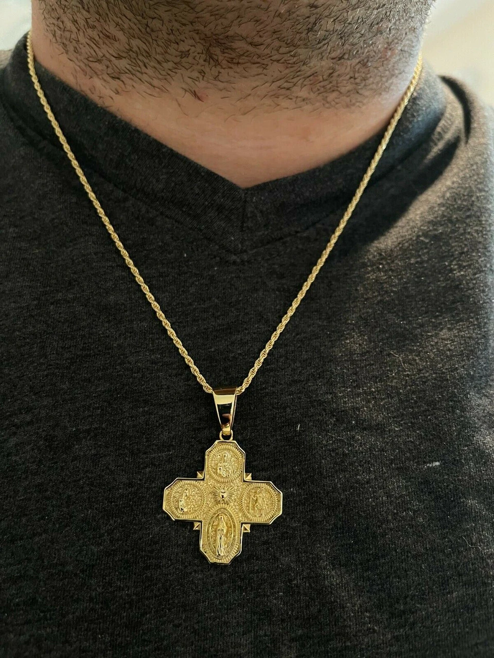 Real 925 Silver Gold Four 4 Way Catholic Cross Pendant Men's Miraculous Necklace 6 Real 925 Silver Gold Four 4 Way Catholic Cross Pendant Men's Miraculous Necklace - Image 4