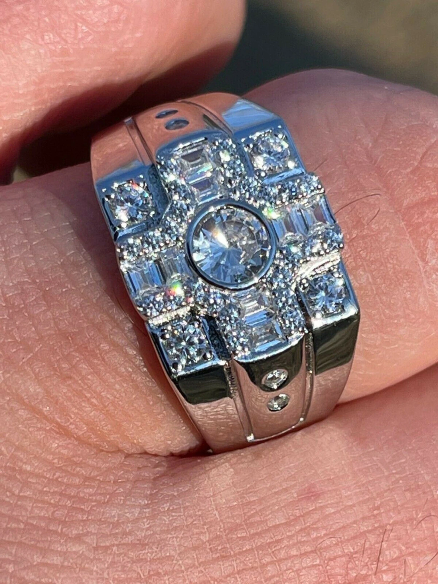 Real Genuine 925 Silver Diamond Iced Baguette Mens Pinky Square Hip Hop RING 3 Real Genuine 925 Silver Diamond Iced Baguette Mens Pinky Square Hip Hop RING