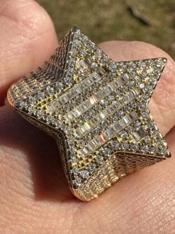Real Iced Baguette 3D Star Ring Hip Hop Ice Out 14k Gold Plated 925 Silver 6-13