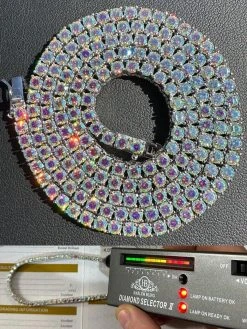 Real Opal Rainbow MOISSANITE 3mm Tennis Chain 925 Silver Iced Necklace Pass Test