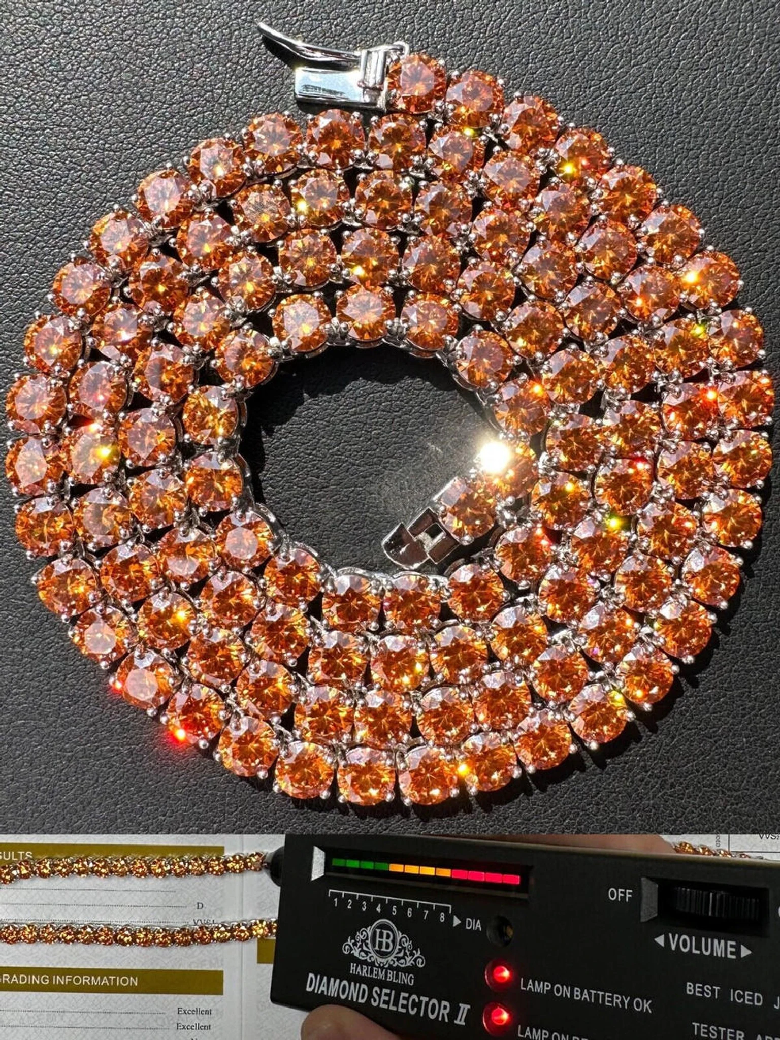 Real Orange MOISSANITE 5mm Tennis Chain 925 Silver Iced Necklace Pass Tester 3 Real Orange MOISSANITE 5mm Tennis Chain 925 Silver Iced Necklace Pass Tester