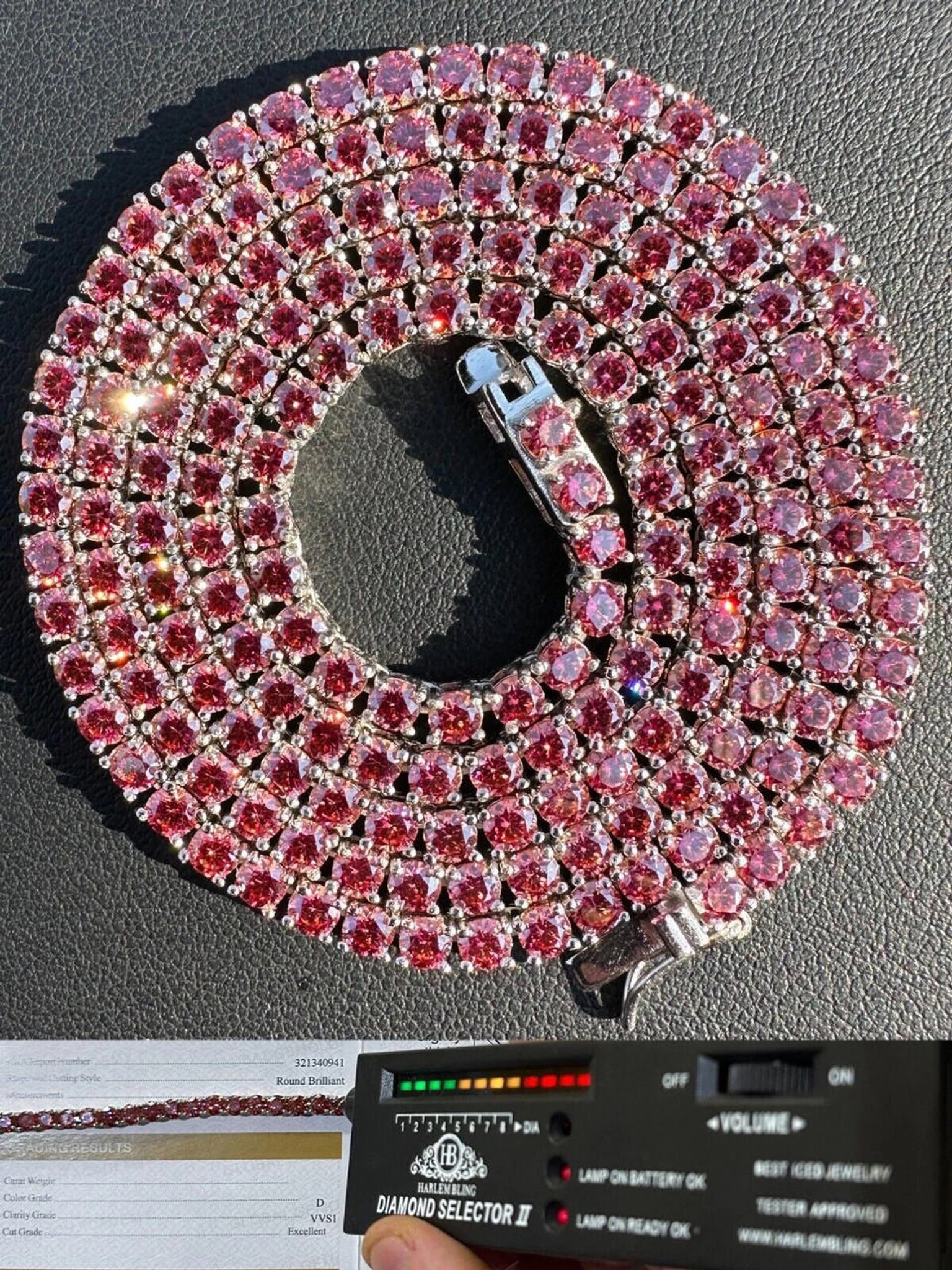 Real Pink MOISSANITE 3mm Tennis Chain 925 Silver Iced Necklace Pass Diamond Test 3 Real Pink MOISSANITE 3mm Tennis Chain 925 Silver Iced Necklace Pass Diamond Test