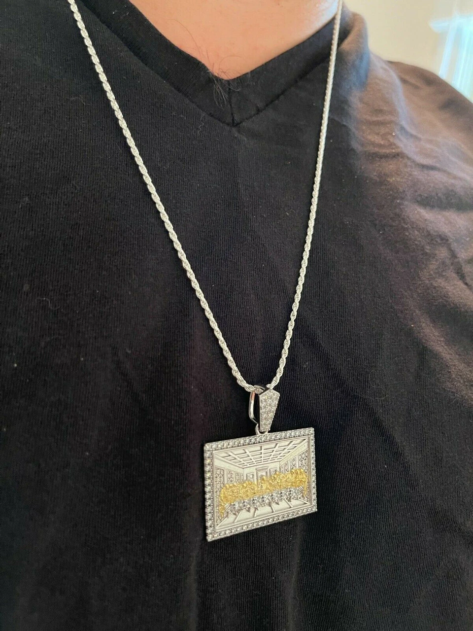 Real Solid 925 Silver & Gold Iced Men's Jesus Last Supper Pendant Italy Necklace 5 Real Solid 925 Silver & Gold Iced Men's Jesus Last Supper Pendant Italy Necklace - Image 3
