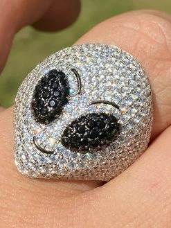 Real Solid 925 Sterling Silver Hip Hop Alien Head Emoji Men's Iced Diamond Ring