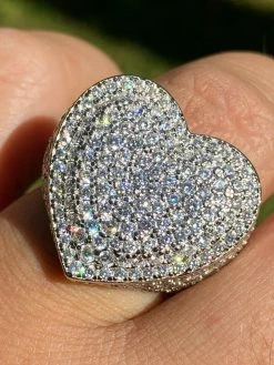 Real Solid 925 Sterling Silver Hip Hop Men Ladies Large Heart Iced Diamond Ring