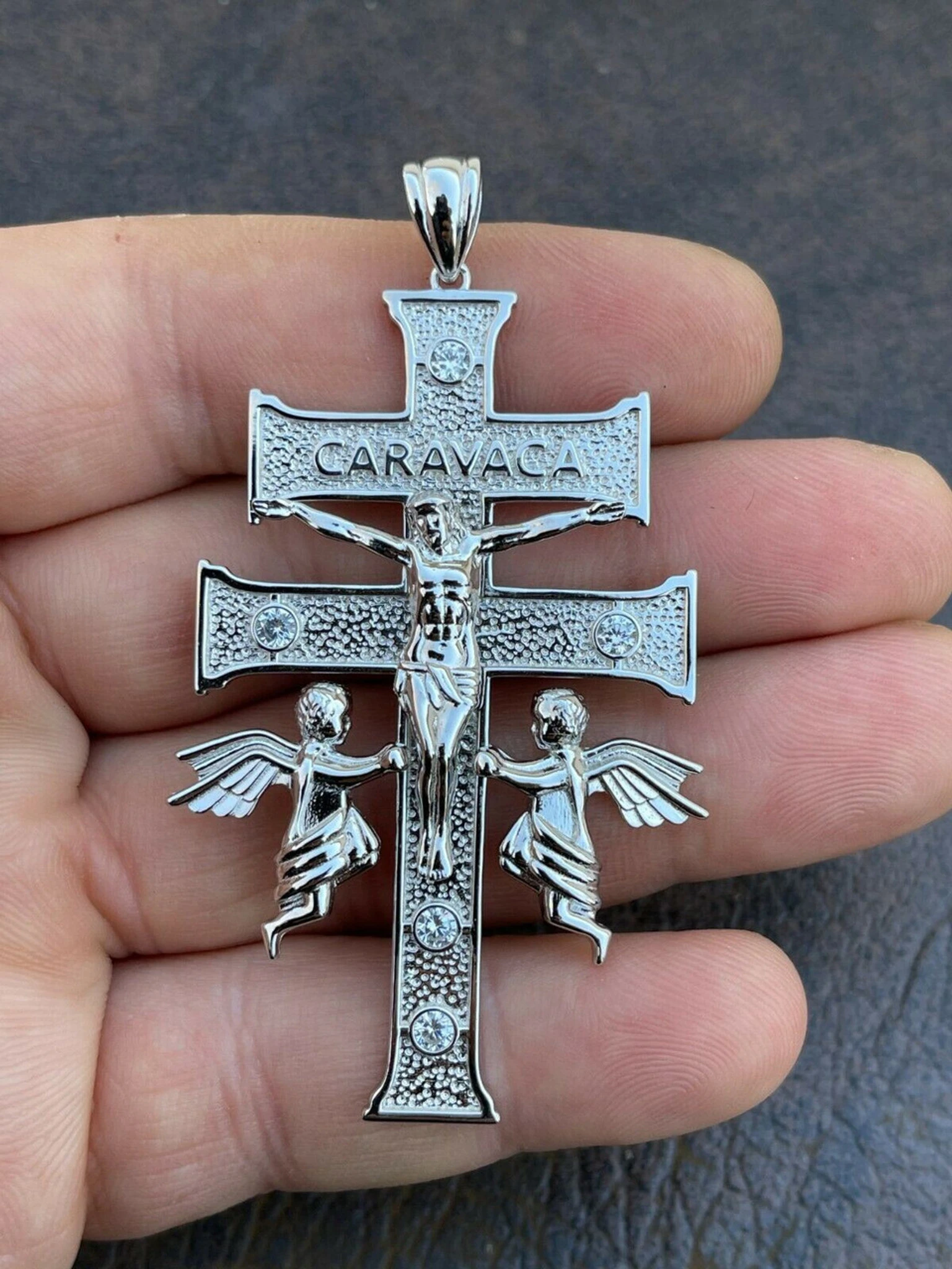 Real Solid Sterling 925 Silver Caravaca Cross Double Crucifix Mens LARGE 2.5" 3 Real Solid Sterling 925 Silver Caravaca Cross Double Crucifix Mens LARGE 2.5"