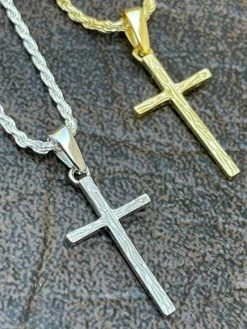 Small 0.75" Plain Cross Pendant Solid 925 Sterling Silver / 14k Gold Necklace