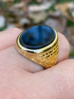 Solid 14k Gold Over Real 925 Sterling Silver Black Onyx Stone Mens LARGE Ring