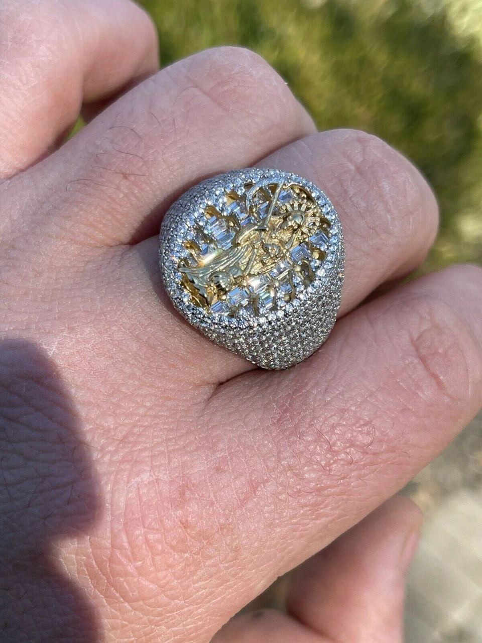 Solid 925 Silver & 14k Gold Baguette Diamond Grim Reaper Santa Muerte Iced Ring 13 Solid 925 Silver & 14k Gold Baguette Diamond Grim Reaper Santa Muerte Iced Ring - Image 11