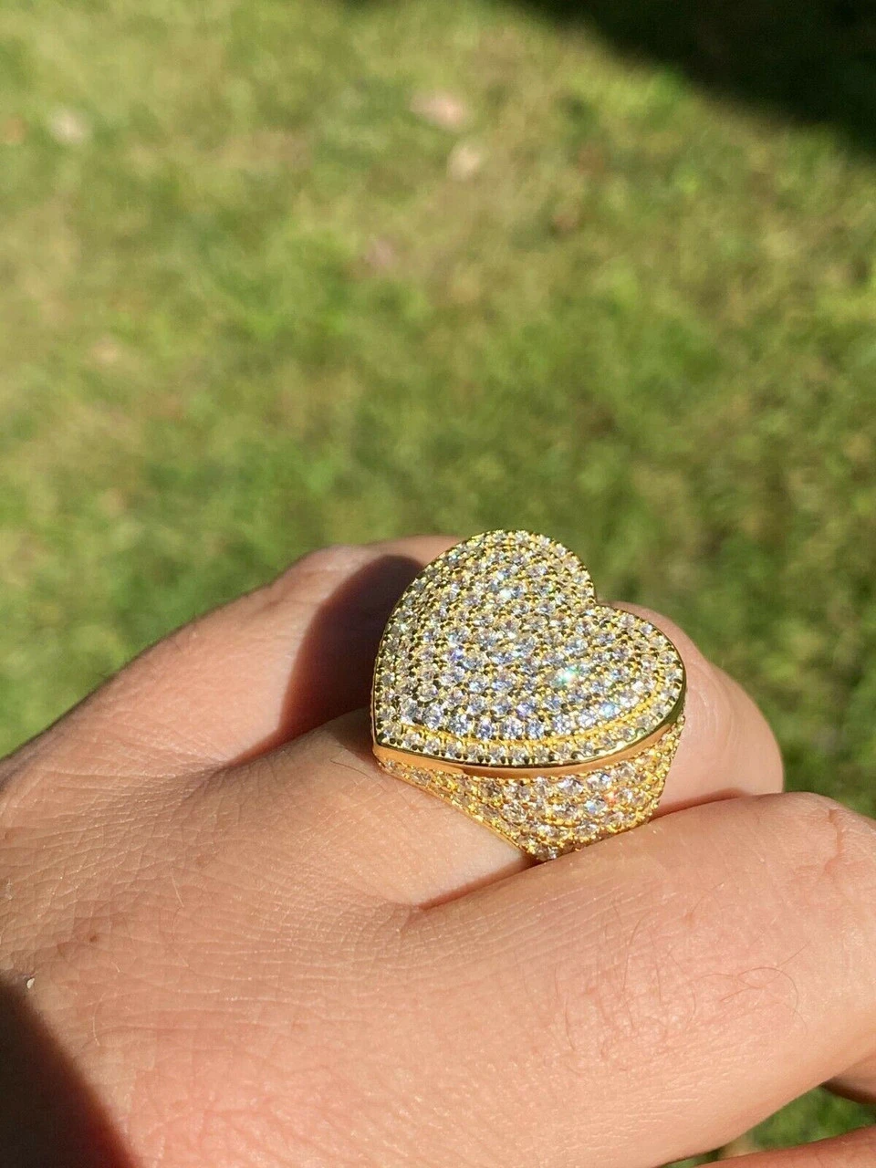 Solid 925 Sterling Silver 14k Gold Finish Hip Hop Large Heart Iced Diamond Ring 5 Solid 925 Sterling Silver 14k Gold Finish Hip Hop Large Heart Iced Diamond Ring - Image 3