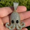 Solid 925 Sterling Silver 14K Gold Octopus Emoji Pendant Diamond Hip Hop Iced