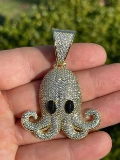 Solid 925 Sterling Silver 14K Gold Octopus Emoji Pendant Diamond Hip Hop Iced