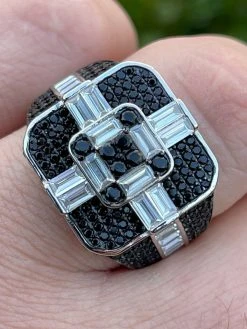 Large Real Solid 925 Sterling Silver Men's Baguette Black Diamond Ring Hip Hop