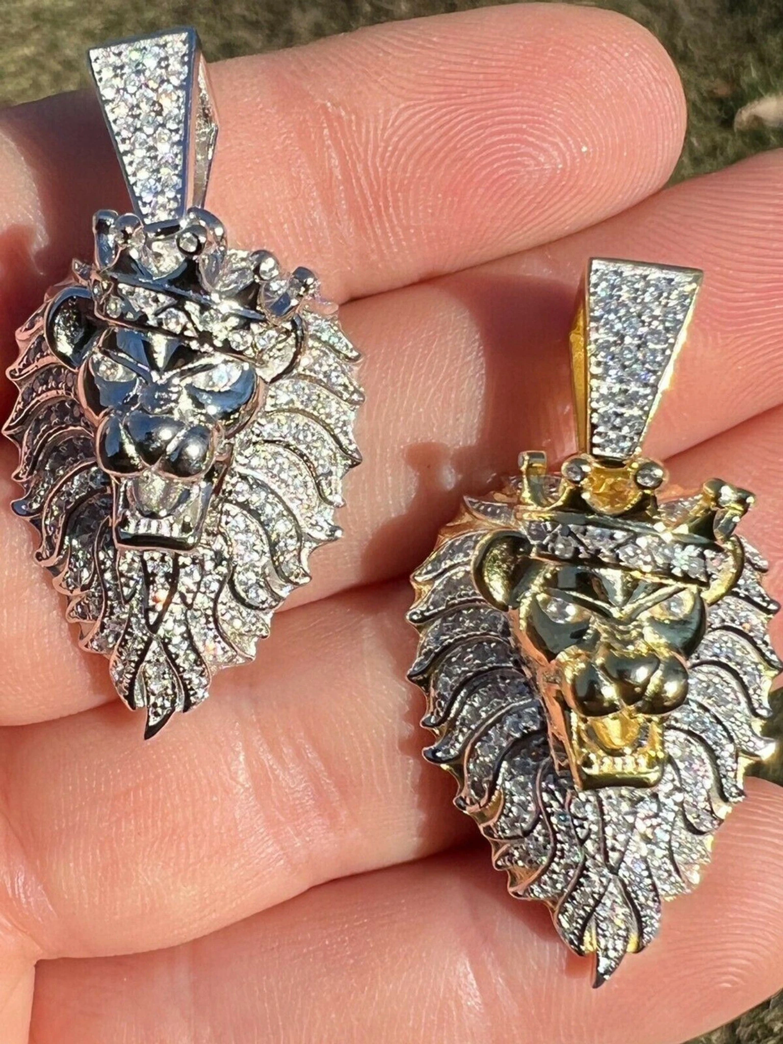 Mens 925 Silver Gold Real Iced Diamond Rasta Lion Crown Africa Pendant Necklace 3 Mens 925 Silver Gold Real Iced Diamond Rasta Lion Crown Africa Pendant Necklace